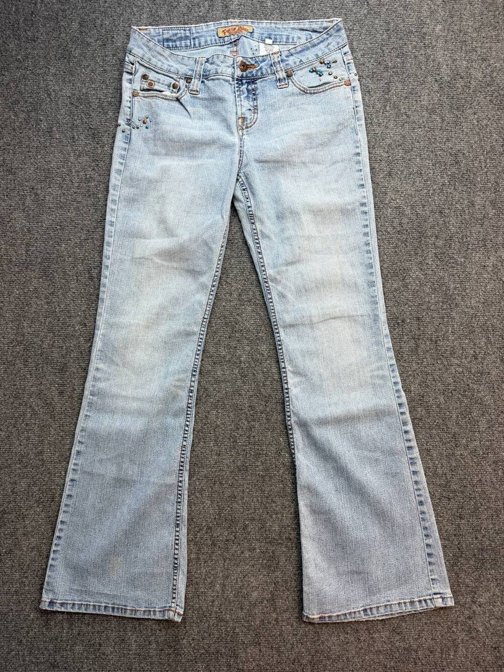 Vintage Y2K Paris Blues Jeans Womens 9 Low Rise Flare Rhinestone Light Wash